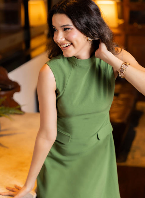 Front Panelled Mini Dress With Flaps - Green